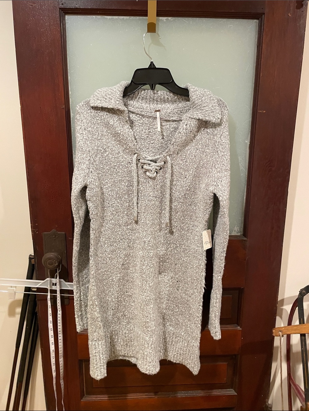 Free People Cozy Lace-Up Collar Women’s Sweater Dress - Light Gray